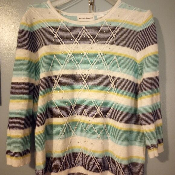 - Alfred Dunner beaded striped three qt sleeve sweater with embroidery acc… - Picture 2 of 9